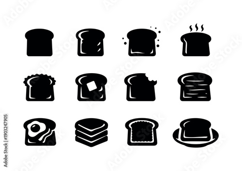 Crispy Toast. Solid icon set of Crispy Toast: toasted bread slice, golden toast, toast with crumbs, toast steam lines, crunchy toast edge,