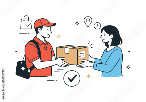 Online order delivery. A courier handing a package to a customer, representing a completed online order and friendly service. Calm
