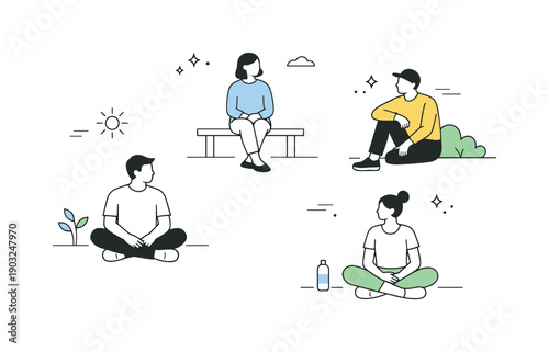 Outdoor Minimalist Scene. People sitting outside cautiously. Simplified figures seated in an open outdoor space, spaced and composed. Careful stillness, gentle
