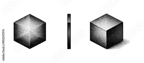 Geometric Hexagon Views. Minimalist hexagon icon represented as one geometric hexagon object displayed in three views: front view, side view, and three-quarter