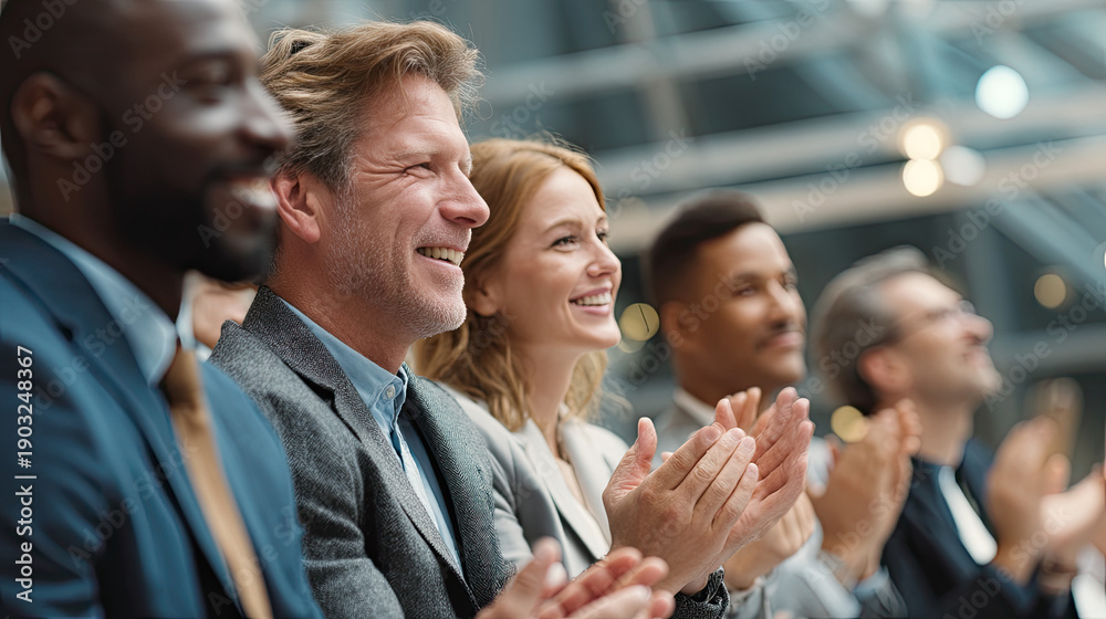 Obraz premium Diverse corporate team applauding during a successful presentation indoors