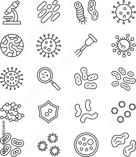 Microbiology icons, virus symbols, bacteria graphics, microscope illustrations, immunity signs, molecular structures, scientific tools, vector design, minimal style, black and white