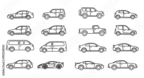 Collection of hand drawn car illustrations in various styles.