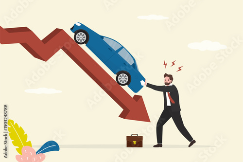 Unhappy seller dealer push car on down arrow. Businessman keeps car cruising on red arrow. Automotive market is down. Business fall, automotive industry in crisis.