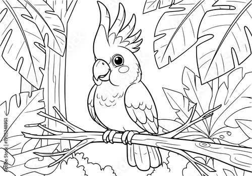 Simple cartoon in black and white. cute yellow-crested cockatoo on Branch. in rainforest. ideal for children's coloring books.