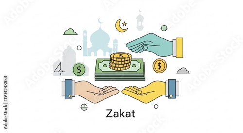 Zakat charity concept with hands exchanging money and coins symbolizing generosity and donation for ramadan and islamic values