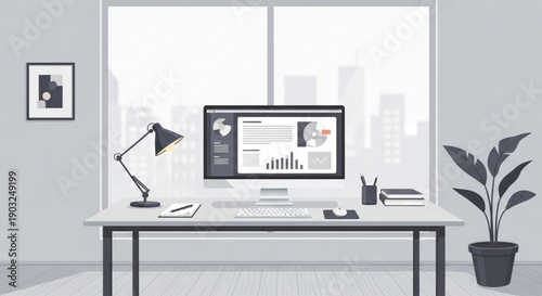 Modern office workspace with computer lamp and plant on white desk city view background