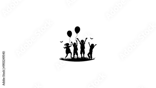 A silhouette of a group of joyful children celebrating together, holding balloons and cheering in an open space.