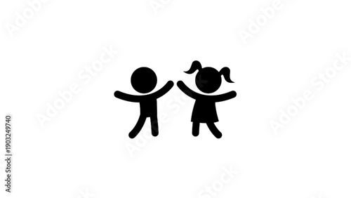 Minimalist black silhouettes of two children (a boy and a girl) standing and playing.