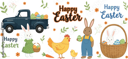 Cute Easter character collection with bunny chicken eggs basket pickup truck and flowers isolated on white background spring holiday cartoon vector illustration set