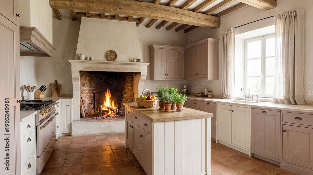 Fototapeta premium Elegant Provence-style kitchen interior in soft pastel tones featuring natural wood, exposed ceiling beams, and a traditional fireplace.