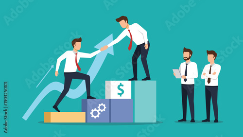 Business Professional Helping Colleague Climb Financial Success Steps in Corporate Mentorship Scene
