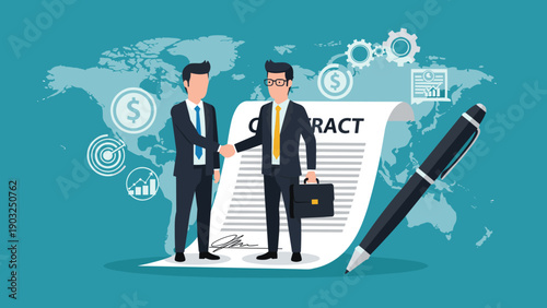 Two Corporate Executives Shaking Hands in Front of a Large Signed Contract Document and Global Map Background.