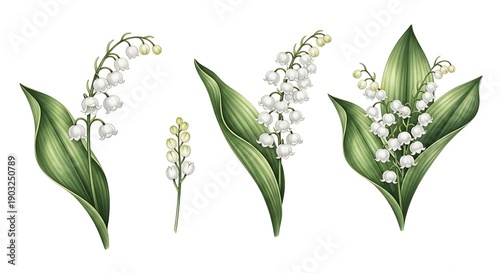 Beautiful digital illustration set of white lily of the valley flowers with green leaves, perfect for spring, wedding, or nature-themed designs.