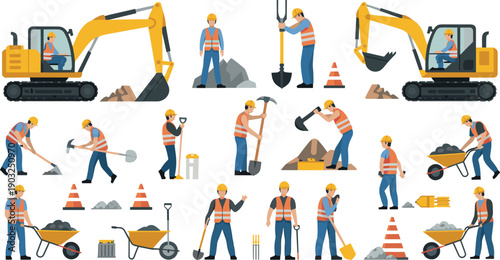 Construction workers and excavators illustration set showing labor activities, heavy machinery, tools, safety gear, roadwork, building industry vector design