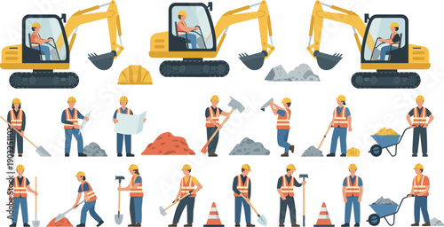 Construction workers and excavators set illustration showing heavy machinery, labor activities, tools, safety gear, roadwork, building industry vector collection design