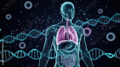 Glowing Anatomical Human Body with DNA Strands