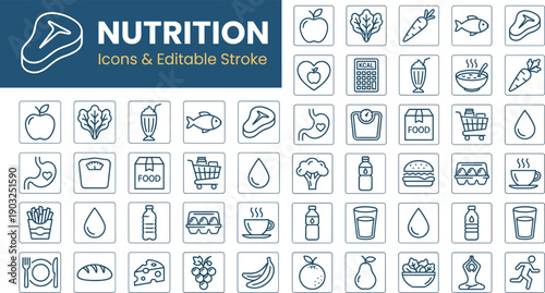 Nutrition icons collection with editable stroke featuring fruits, vegetables, proteins, beverages, wellness, fitness, calorie tracking, and healthy lifestyle graphics for modern diet, health, and 