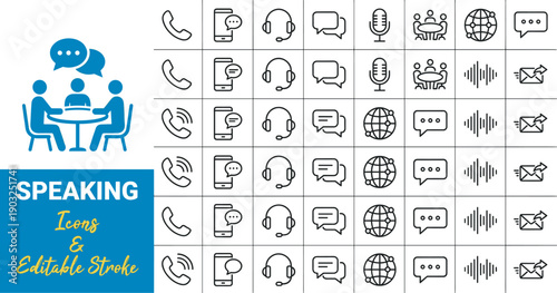Speaking and communication icons set with editable stroke featuring microphones, speech bubbles, group discussions, customer service, broadcasting, global interaction, and digital 