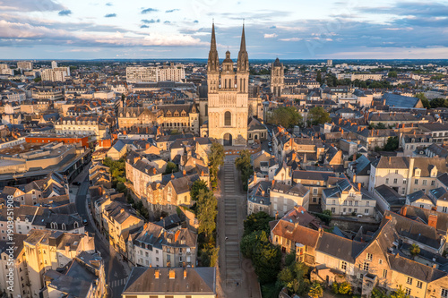 Cuadro en lienzo Aerial view with sunset scenery in beautiful city of Angers , with famous chatea