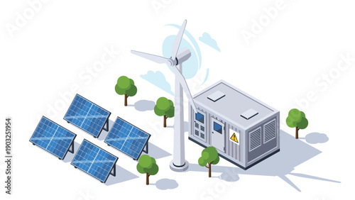 Sustainable Energy Infrastructure Featuring Solar Panels a Wind Turbine and an Electrical Power Substation Unit.