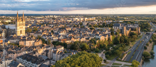 Photos Aerial view with sunset scenery in beautiful city of Angers , with famous chatea