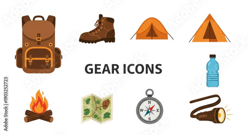 Outdoor Adventure Gear Icons Collection.