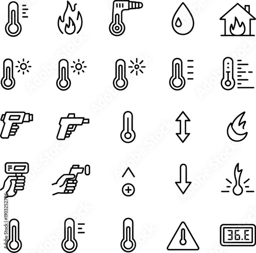 Temperature icons, thermometer, heat, flame, infrared, motion, warning, Celsius, fire hazard, humidity, digital, black and white vector set