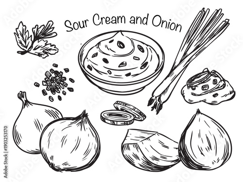 Hand drawn Sour Cream and Onions outline drawing doodle collection