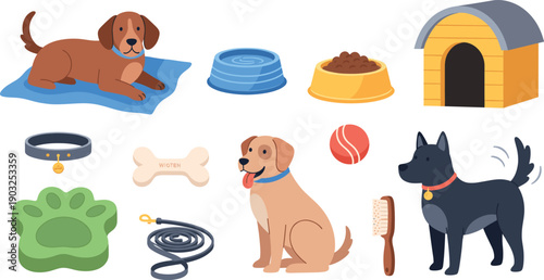 Cute Dog Care Illustration Set with Puppies Pet Accessories Food Toys Collar Leash and House Elements