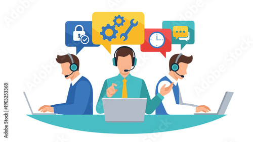 Customer Support Call Center Team with Headsets Working on Laptops with Service Icons
