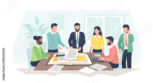 Business professionals collaborating around a table with papers and laptops in a modern office environment viewed from above