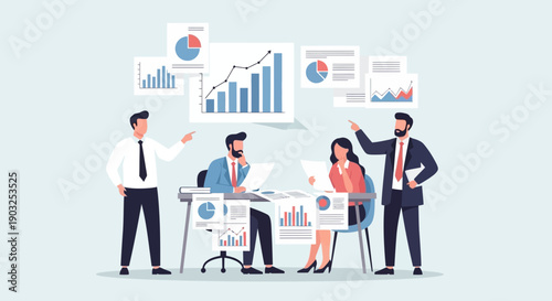 Business Professionals Analyzing Data and Charts in a Modern Office Setting from a Slightly Elevated Viewpoint