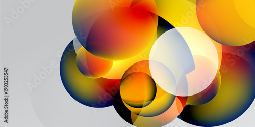 Abstract colorful circles overlap, creating vibrant visual effect. Background contrasts dark, light areas. Modern design element.