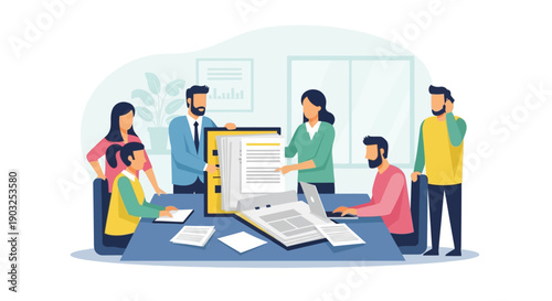 Team collaborating on a project around a table with laptops and documents in a modern office environment from a slightly elevated viewpoint