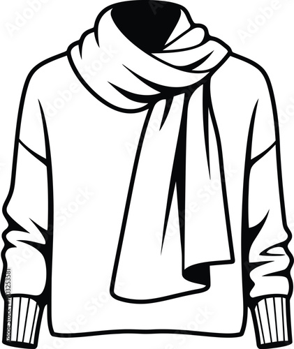 Silhouette of a stylish sweater with a scarf wrapped around the neck in a modern fashion illustration