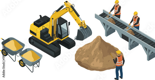 Isometric construction material processing illustration with excavator, workers, conveyor belt, sand pile, wheelbarrows, heavy machinery, industrial production vector design concept