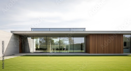 Contemporary Architecture with Expansive Glass Facade and Green Lawn design