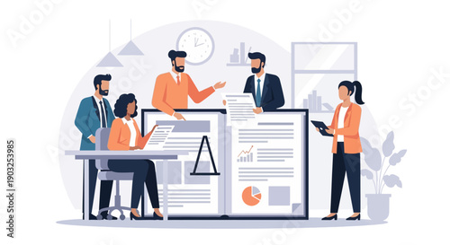 Professionals collaborating on documents in a modern office environment from a front viewpoint