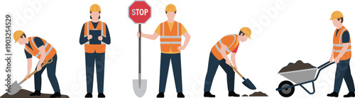 Road construction workers illustration showing safety crew digging lifting traffic control maintenance tasks for urban infrastructure flat vector design concept