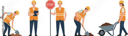 Road construction workers illustration with safety vests digging traffic control lifting soil for urban infrastructure maintenance flat vector design