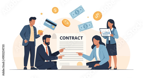 Business professionals collaborating on a contract agreement surrounded by financial documents and digital payment methods in a modern office setting