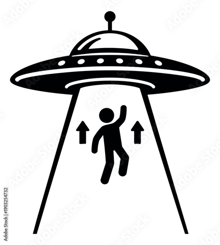 Minimalist line art illustration of a UFO and person depicting alien abduction for science fiction themes