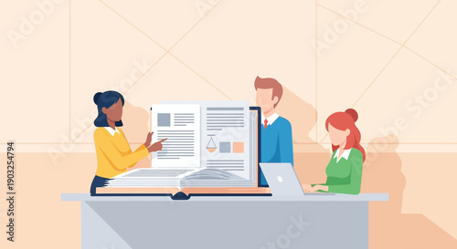 Professionals collaborating around a table with digital devices and visual content displayed in a modern office environment from a slightly elevated viewpoint