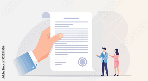 Hand holding a document while a man and woman discuss nearby