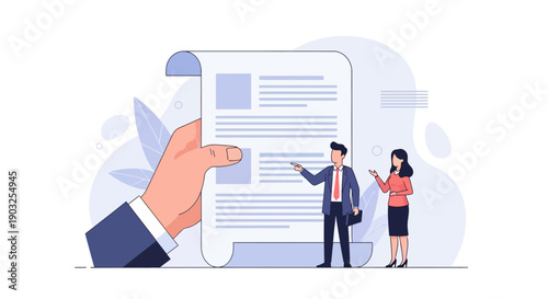 Business professionals discussing documents in a modern office environment viewed from a slight angle