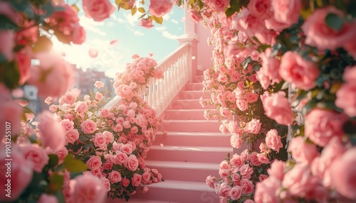A beautiful staircase covered in pink roses on a sunny day