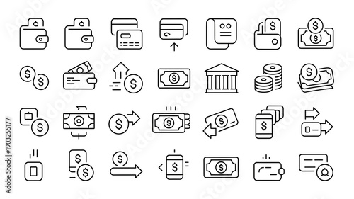 Grid of 30 minimalist financial icons including wallets, credit cards, coins, bank buildings, mobile payments, transfers, and documents.
