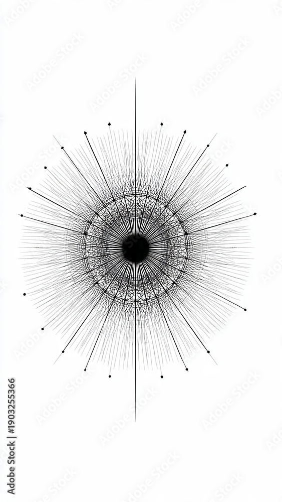 Obraz premium A complex geometric pattern resembling a starburst or radial symmetry design with black lines