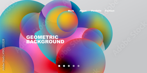 Abstract colorful shapes overlap black background. Text displays portfolio information, geometric design present.